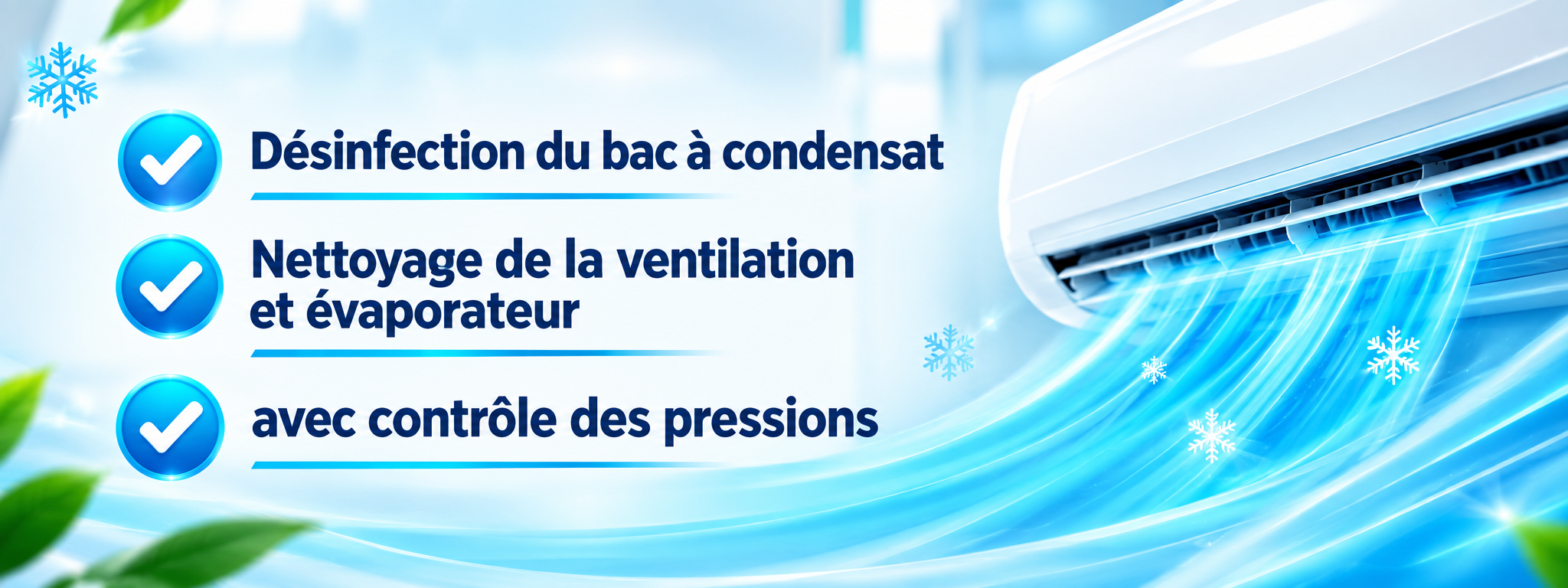Désinfection du bac à condensat, nettoyage de la ventilation et de l'évaporateur, contrôle des pressions